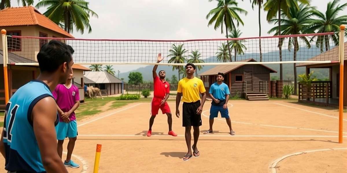 Spike Masters: Bharat Edition gameplay showing Indian players in regional uniforms playing volleyball in a village court